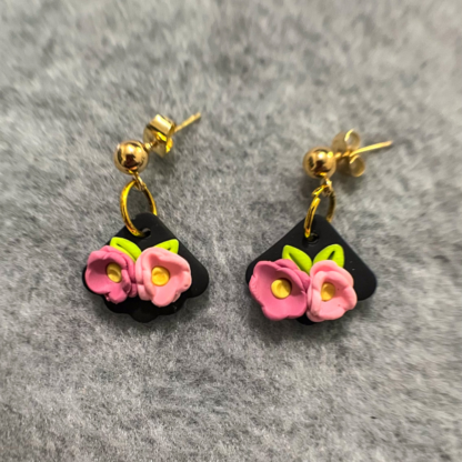 Pink Floral Mini Paisley Polymer Clay Earrings, Double Flower