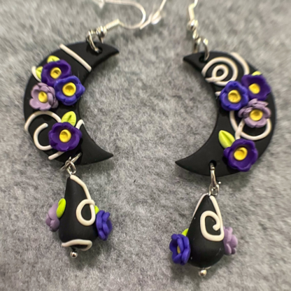 Purple Floral Swirl Polymer Clay Dangle Earrings