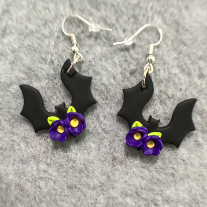 Purple Floral Polymer Clay Bats Earrings