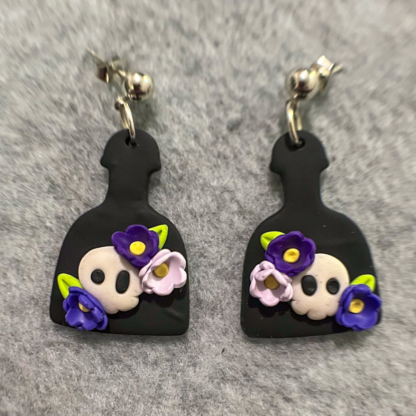 Purple Floral Skull Potion Bottle Polymer Clay Earrings