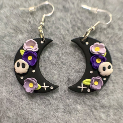 Purple Floral Skull Moons Polymer Clay Earrings