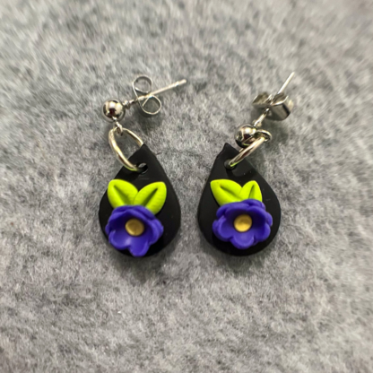 Purple Floral Teardrop Polymer Clay Earrings, Single Flower