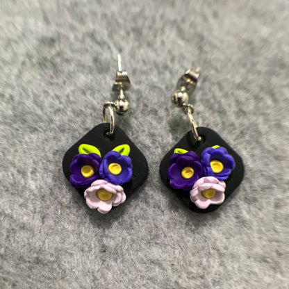 Purple Floral Diamonds Polymer Clay Stud Earrings