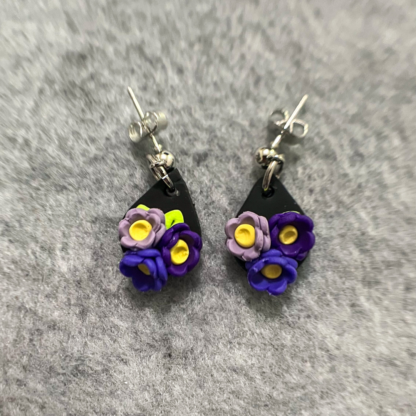 Purple Floral Teardrop Polymer Clay Earrings, 3 Flowers