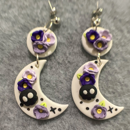 Purple & White Floral Skulls Polymer Clay Dangle Earrings