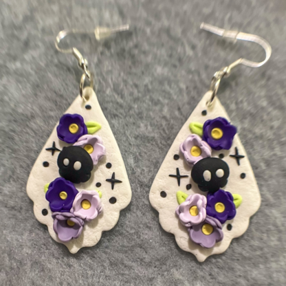 Purple & White Floral Paisley Skull Polymer Clay Earrings