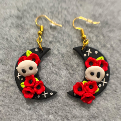 Red Floral Skull Moon Polymer Clay Earrings