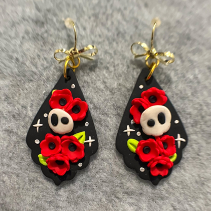 Red Floral Paisley Skull Polymer Clay Earrings