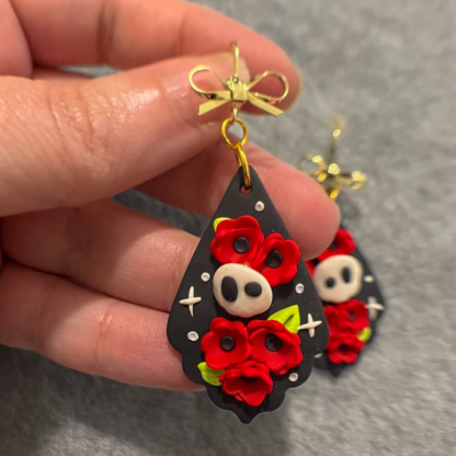 Red Floral Paisley Skull Polymer Clay Earrings - Image 2