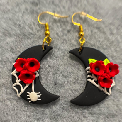 Red Floral Spider Web Polymer Clay Earrings