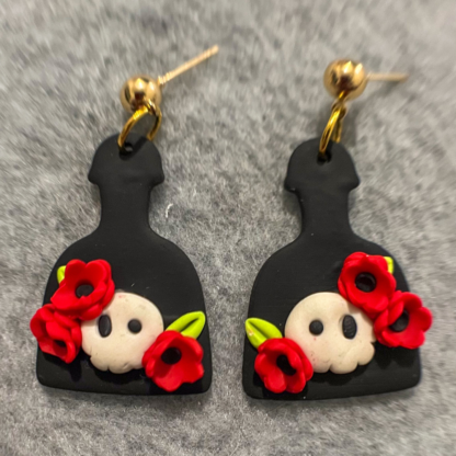 Red Floral Skull Potion Bottle Polymer Clay Earrings