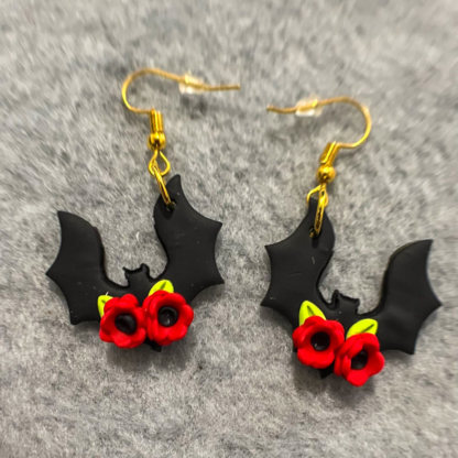 Red Floral Polymer Clay Bats Earrings