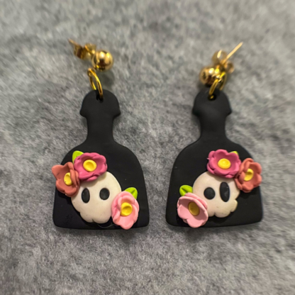 Pink Floral Skull Potion Bottle Polymer Clay Earrings