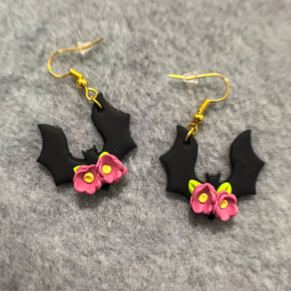 Pink Floral Polymer Clay Bat Earrings